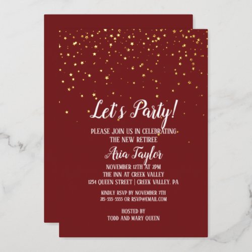 Lets Party Confetti on Burgundy Retirement Gold Foil Invitation