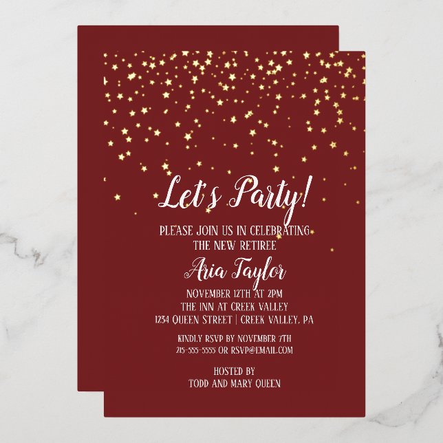 Let's Party Confetti on Burgundy Retirement Gold Foil Invitation (Front/Back)