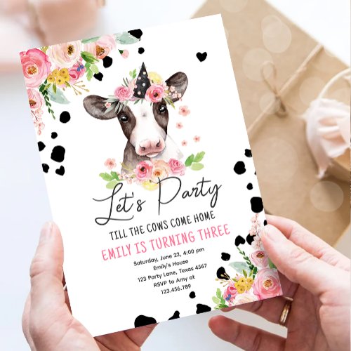 Lets Party Cow Floral Girl Farm Animals Birthday Invitation