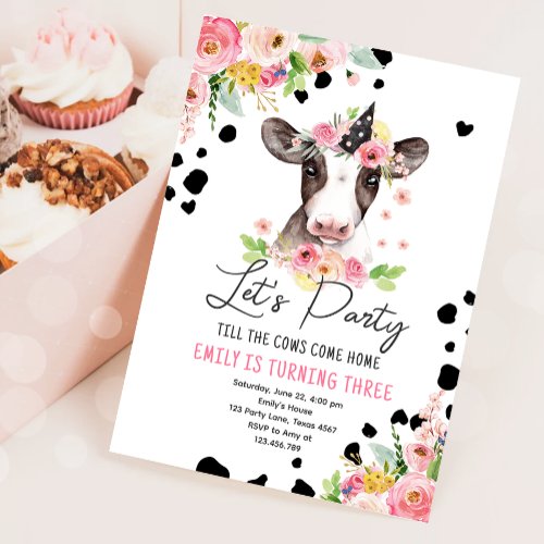 Lets Party Cow Floral Girl Farm Animals Birthday  Invitation