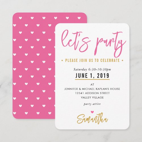 LET'S PARTY cute pretty pink white hearts gold