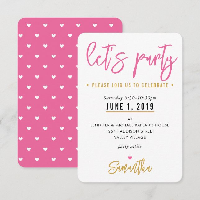 LET'S PARTY cute pretty pink white hearts gold RSVP Card (Front/Back)