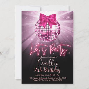 Let's party Disco Ball pink bow Birthday Invitation