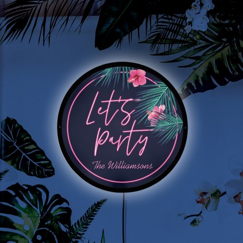 Lets Party Electric Neon Pink Hibiscus Palm Leaf LED Sign
