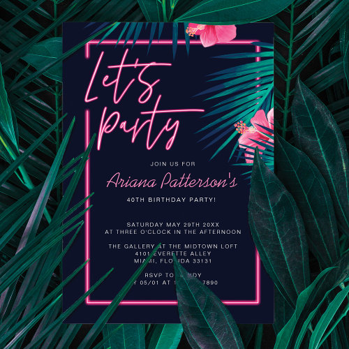 Lets Party Electric Neon Pink Tropical Birthday Invitation