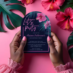 Let's Party Electric Neon Pink Tropical Birthday Invitation