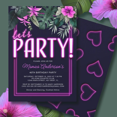 Lets Party Electric Pink Neon Tropical Birthday Invitation