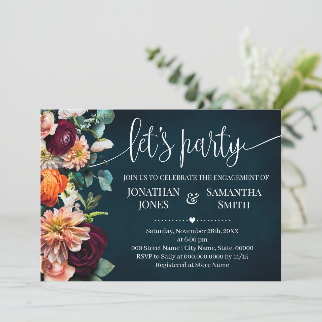 Let's Party Engagement Navy Wine Burgundy Wedding Invitation (Standing Front)