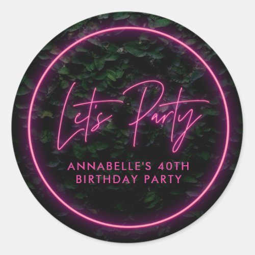 Lets party foliage wall neon pink funky birthday b classic round sticker
