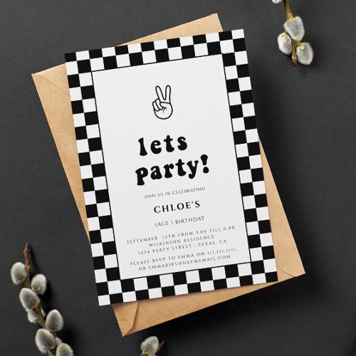 lets party fun checkered birthday invitation