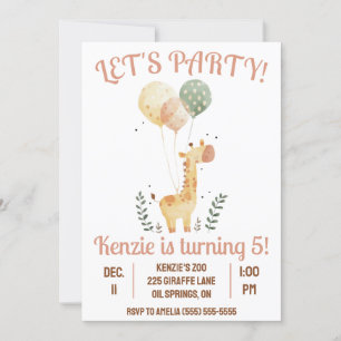 Let's Party! Giraffe with Balloons Birthday Party Invitation