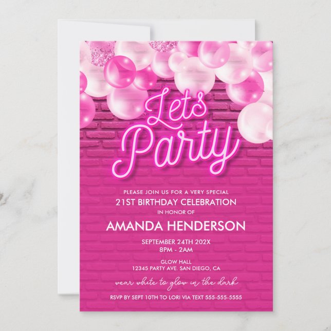 Let's Party Glow Pink Birthday Invitation (Front)