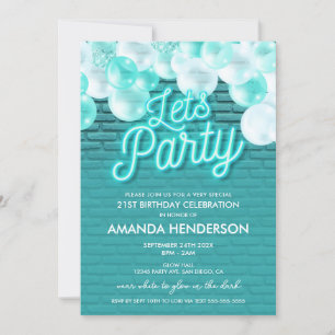 Let's Party Glow Teal Birthday Invitation