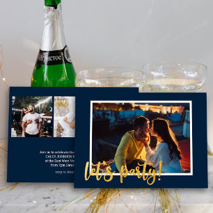 Let's Party Gold Brush Script 4 Photo Engagement Invitation