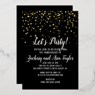 Let's Party Gold Confetti   Black Anniversary Gold Foil Invitation