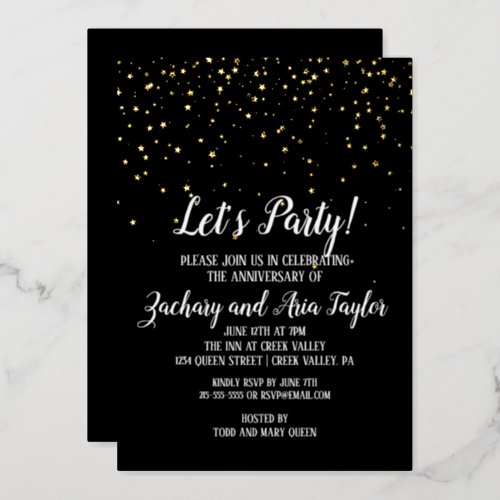 Lets Party Gold Confetti  Black Anniversary Gold Foil Invitation