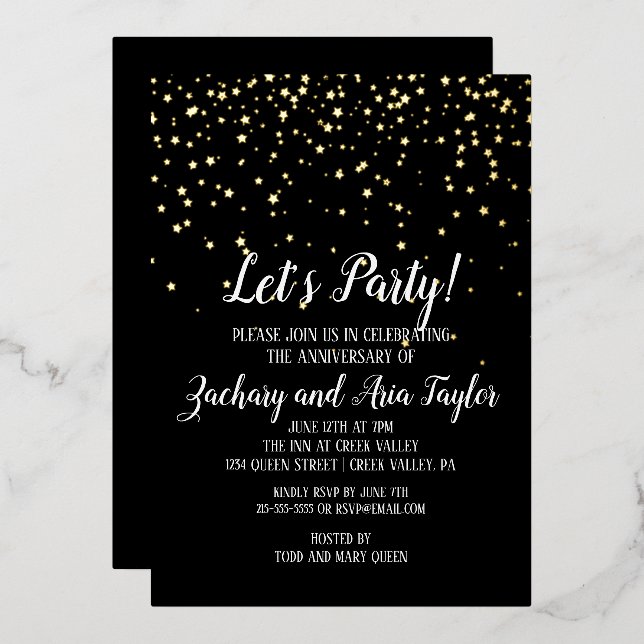 Let's Party Gold Confetti | Black Anniversary Gold Foil Invitation (Front/Back)