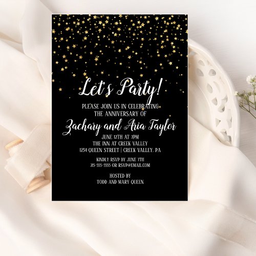 Lets Party Gold Confetti on Black Anniversary Invitation