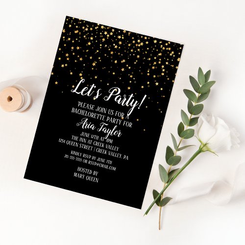 Lets Party Gold Confetti on Black Bachelorette Invitation