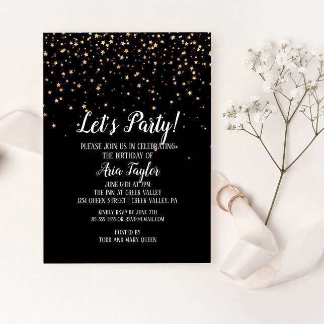 Let's Party Gold Confetti on Black Birthday Party Invitation (Creator Uploaded)