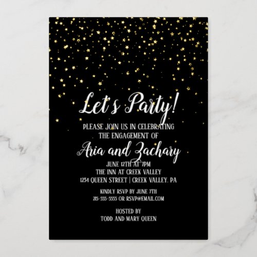 Lets Party Gold Confetti on Black Engagement Gold Foil Invitation