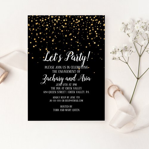 Lets Party Gold Confetti on Black Engagement Invitation