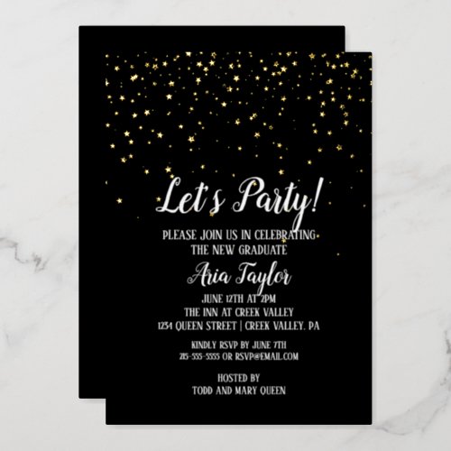 Lets Party Gold Confetti on Black Graduation Gold Foil Invitation