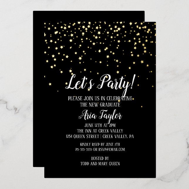 Let's Party Gold Confetti on Black Graduation Gold Foil Invitation (Front/Back)