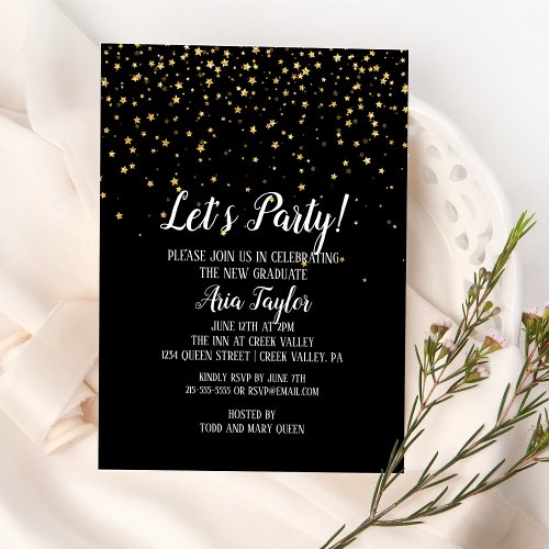 Lets Party Gold Confetti on Black Graduation Invitation