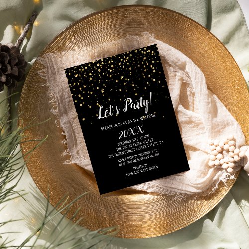 Lets Party Gold Confetti on Black New Years Eve Invitation