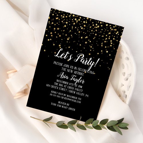 Lets Party Gold Confetti on Black Retirement Invitation