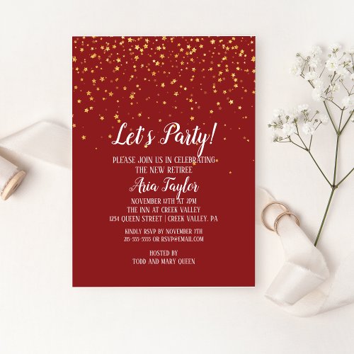 Lets Party Gold Confetti on Burgundy Retirement Invitation