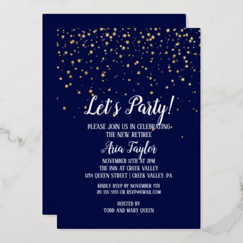 Lets Party Gold Confetti on Navy Blue Party Gold Foil Invitation