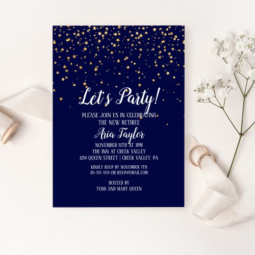 Lets Party Gold Confetti on Navy Blue Party Invitation