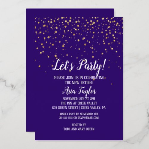 Lets Party Gold ConfettiPurple Retirement Gold Foil Invitation