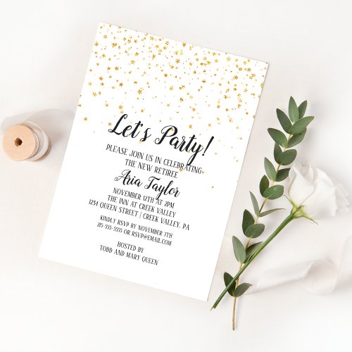 Lets Party Gold Confetti Retirement Party Invitation