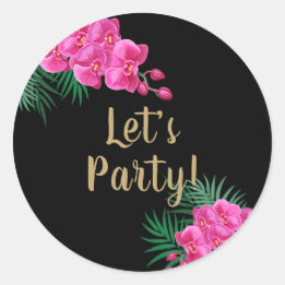 Let's Party Gold Pink Orchid Tropical Greenery Classic Round Sticker