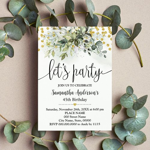 Lets Party Greenery Gold Glitter Birthday Invitation