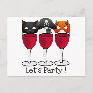 LET'S PARTY HALLOWEEN COSTUME MASKS WINE GLASSES INVITATION POSTCARD