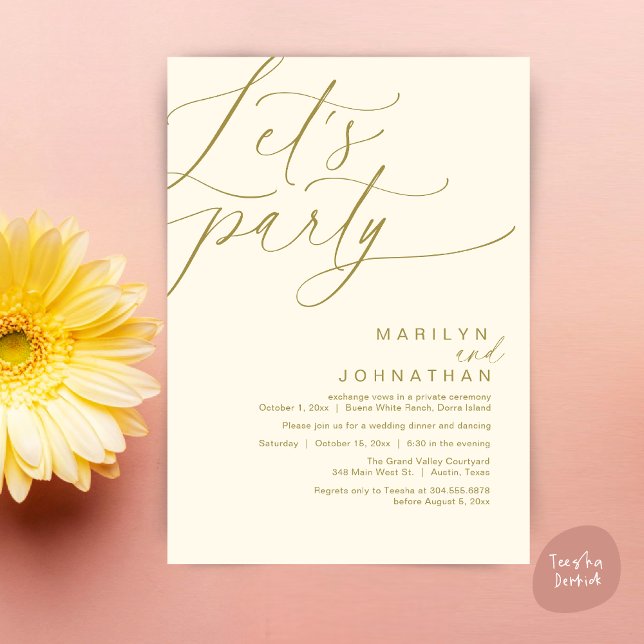 Let's Party Happily Ever After Wedding Dinner Invitation (Let's Party Happily Ever After Modern Romantic Wedding Dinner Invitation Card PDF Yellow Gold)