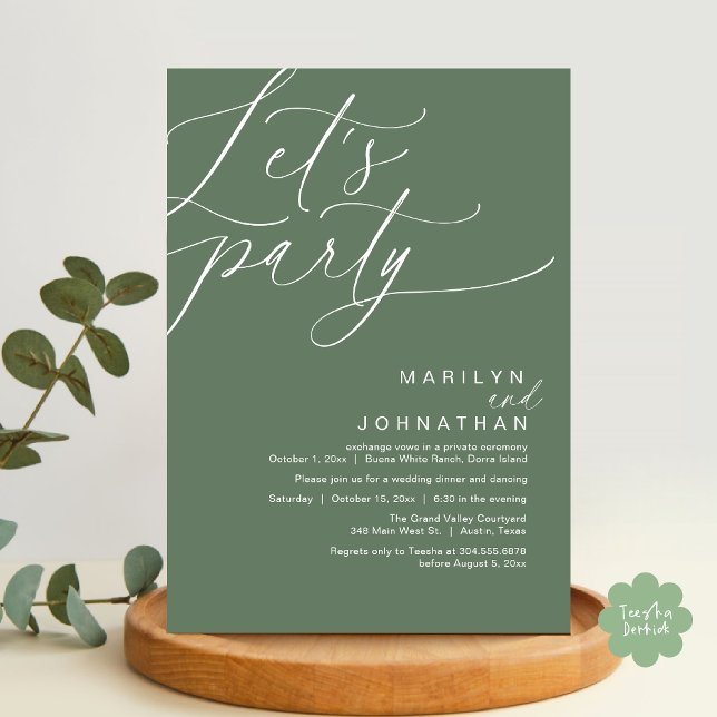 Let's Party Happily Ever After Wedding Dinner Invitation (Let's Party Happily Ever After Modern Romantic Wedding Dinner Invitation Card PDF Sage Green Forest)