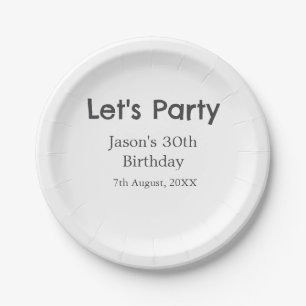 Let's party happy 30th birthday simple gray name paper plates