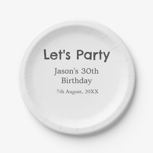 Let's party happy 30th birthday simple gray name paper plates (Front)