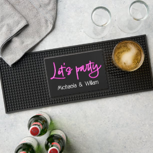 Lets party hot pink neon script couples name black bar mat