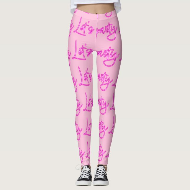 Lets party hot pink neon script pattern  leggings (Front)