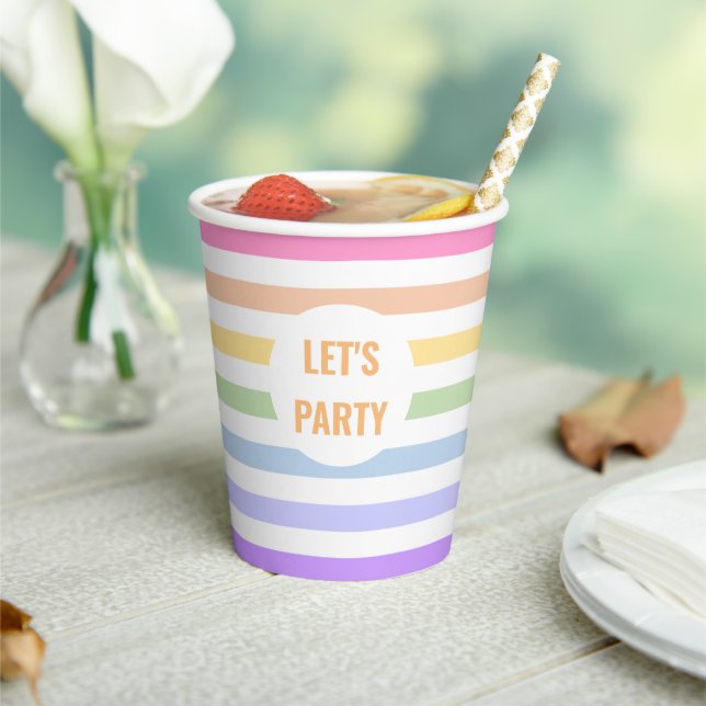 Let's Party in White Circle Pastel Rainbow Stripes Paper Cups (Insitu)