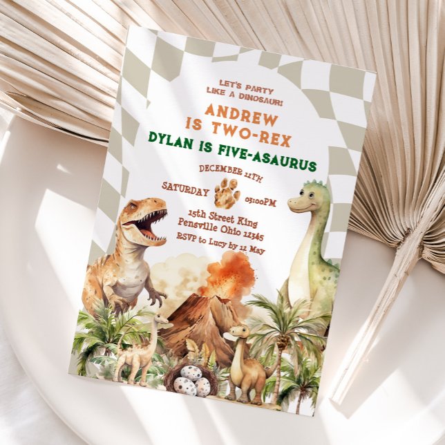 Let's Party Like Dinosaur Sibling Birthday Vintage Invitation (Creator Uploaded)