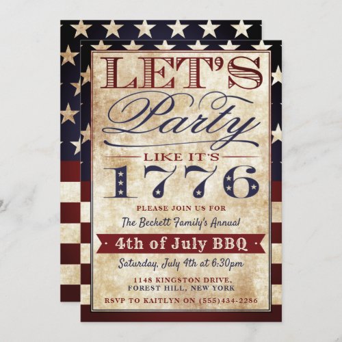 Let's Party Like It's 1776 | Vintage 4th Of July Invitation - Celebrate independence day in style with these trendy typography invitations. The design is easy to personalise with your own wording and your guests will be thrilled when they receive these American flag style invites.