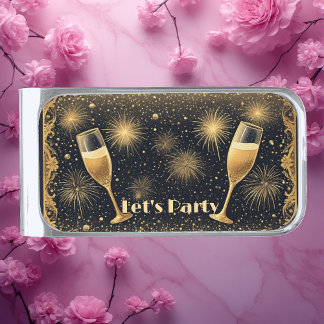 Let's Party Midnight Gold Champagne Dream New Year Silver Finish Money Clip