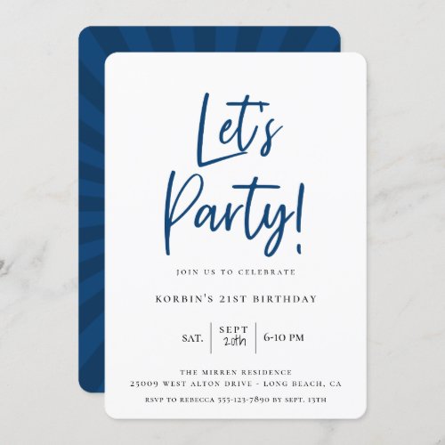 Lets Party Modern Blue Script Birthday Invitation